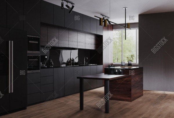 Dapur dengan peralatan dapur berwarna hitam